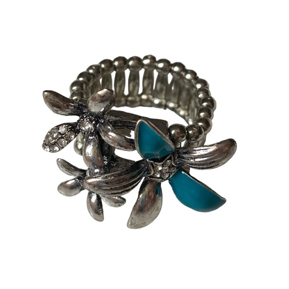 Turquoise Blue Silver Plated Clear Rhinestone  Flower Stretch Band Fashion Ring - Picture 2 of 8